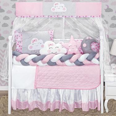 Imagem de Kit Berço Trança Céu Lua Nuvem Estrela Rosa Menina 13 Peças