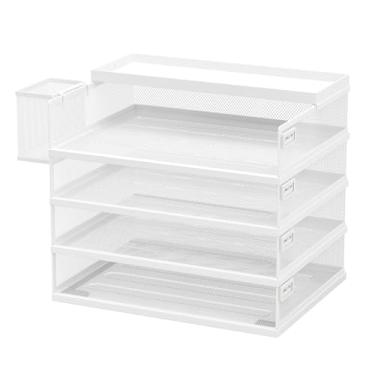 Imagem de FANXIYQ Bandejas de metal empilháveis para cartas, organizador de mesa de 4 camadas e bandejas de papel para escritório, arquivo empilhável e bandeja de documentos com etiquetas magnéticas