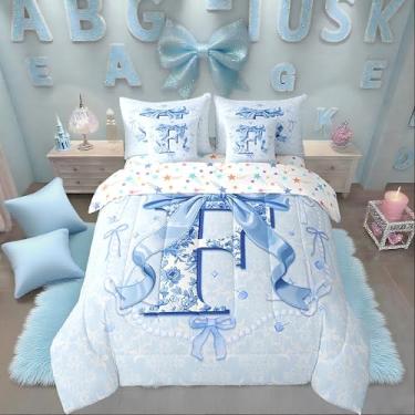 Imagem de Erosebridal Conjunto de edredom casal com letra F em 3D, conjunto de edredom com laço, coquete azul, para mamãe/filha/irmã com laço, linda cama em uma bolsa, colcha floral (F)