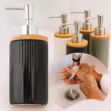Imagem de Dispenser de Sabonete Líquido 250ml em Cerâmica com Tampa de Bambu Reforçado Recarregável Elegante para Banheiro Cozinha Lavabo Decoração Minimalista Durável Saboneteira Álcool Gel