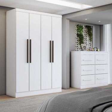 Imagem de Guarda-Roupa Solteiro Europa 4 Portas 2 Gavetas com Cômoda 6 Gavetas Branco - Panorama Móveis