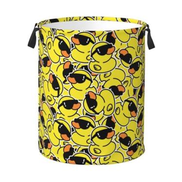 Imagem de Jbofyee Patos de borracha fofos com óculos de sol engraçados saco de cesto de roupa suja com forro impermeável – cesto de roupa redonda dobrável organizador de armazenamento de roupas para banheiro