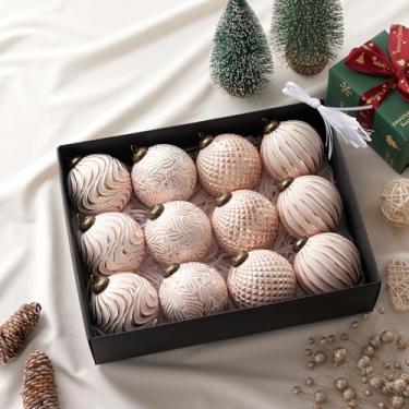 Imagem de Bola de enfeite de árvore de Natal rosa, 12 peças, 4 estilos, bolas de Natal polidas à mão, à prova de estilhaçamento, conjunto de decoração para guirlanda de árvore