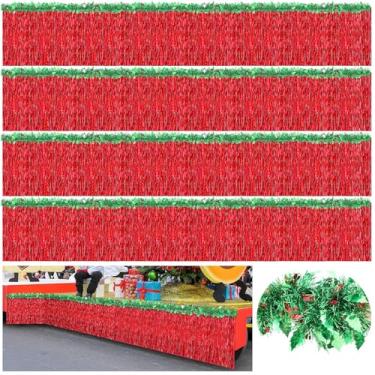 Imagem de Crowye Conjunto de 20 peças de decorações flutuantes para desfile de Natal inclui 8 saias de mesa vermelhas de 2,7 x 0,8 m com franja e 12 faixas verdes de 2 metros brilhantes com borla metálica