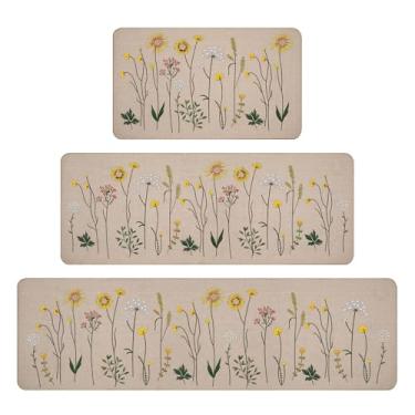 Imagem de Rempry Conjunto de 3 tapetes de cozinha, tapetes de cozinha antiderrapantes de flores coloridas para chão, tapete de cozinha impermeável para lavanderia, kithcen, 43 x 119 cm + 43 x 76 cm + 43 x 149