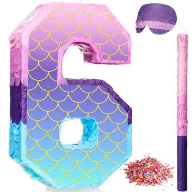 Imagem de Piñata Shappy Mermaid Purple Number 6 Festa de Aniversário 41 cm