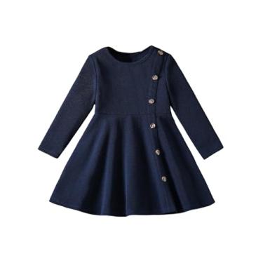 Imagem de SOLY HUX Toddler Girl's Fall Dresses Long Sleeve Crew Neck Button A Line Flared Short Dress Pure Royal Blue 6Y