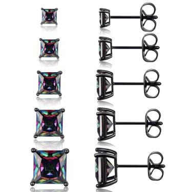Imagem de MDFUN Conjunto de 5 pares de brincos masculinos banhados a ouro preto de 3 a 7 mm, redondos e quadrados, joias hipoalergênicas femininas, Aço inoxidável, Zircônia cúbica