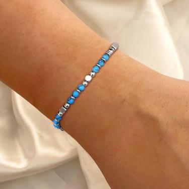 Imagem de Pulseira redonda de prata azul turquesa com contas pulseira de aço inoxidável brilhante berloque joias finas joias de aniversário presentes feitos à mão linda pulseira delicada para mulheres