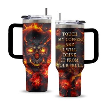 Imagem de Uibunoo Wicked Cup, copo de caveira de chama de 1,134 g com alça e canudo, presentes de caveira, presentes de aniversário para amantes de caveiras, homens e mulheres, copo de caveira de aço