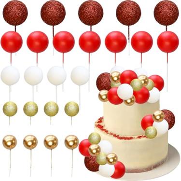 Imagem de Gyufise 50 peças de topo de bolo de bola, mini balões, decoração de bolo, bolas de espuma, topos de bolo para casamento, chá de bebê, artigos de festa de aniversário, vermelho, ouro branco