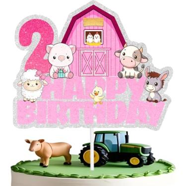 Imagem de Pink Farm Topo de bolo de 2º aniversário, decoração de animais de fazenda, rosa, tema de festa de dois anos para chá de bebê, crianças, meninas, meninos, decoração de festa de feliz aniversário