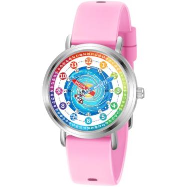Imagem de Afcrho Relógio infantil – Relógios analógicos para crianças de 7 a 10 anos, 8 a 12 anos, ferramenta de ensino de tempo de aprendizagem de astronautas, 13. Astronauta arco-íris, pulseira rosa
