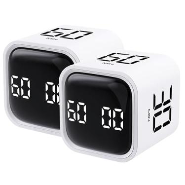 Imagem de 2 peças de temporizador giratório Pomodoro 5, 10, 30, 60 minutos predefinidos, temporizador de produtividade de mesa, cronômetro de contagem regressiva de cubo visual, modos personalizados/vibração