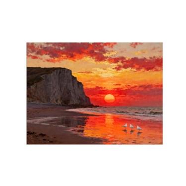 Imagem de Quadro em tela paisagem sol praia mar nuvens alaranjadas Arte parede costeira para sala de estar Pintura paisagem 30x40cm12x16in sem moldura