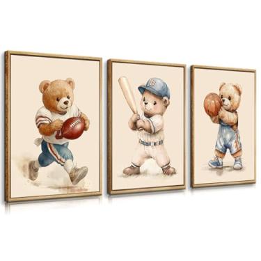 Imagem de 3 peças de arte de parede de urso de berçário meninos esportes lona decoração de parede vintage animal fofo impressão de pintura de quarto de crianças imagens para sala de estar quarto (pôster de 30,5