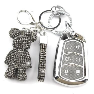 Imagem de Rayslesan Linda capa de chaveiro com pingente de urso de strass, capa inteligente de TPU brilhante para mulheres, compatível com Cadillac Escalade 2015-2020, Escalade ESV 2015-2020 (6 botões, prata