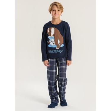 Imagem de Pijama Longo Infantil Menino Marinho Blusa e Calça Preguiçando - Molek