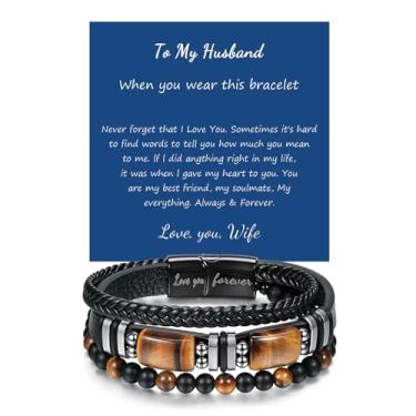 Imagem de PHNIBIRD Pulseira masculina de couro com contas de olho de tigre Love You Forever Gravar Ideias de Presente de Aniversário para Namorado Filho Neto Marido Homem, A, Couro, Sem Pedra Preciosa