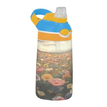 Imagem de Blueangle Garrafa de água com paisagens florais de 473 ml, garrafa de viagem e esportes Tritan reutilizável com canudo e design de tampa de bico pop-up (182)