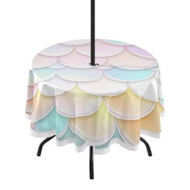 Imagem de GUIJI Toalha de mesa redonda com 3 escamas arco-íris para uso ao ar livre com orifício para guarda-chuva e zíper para sala de jantar, festa, piquenique ao ar livre - 152 cm