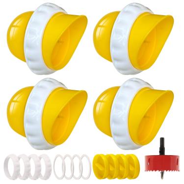 Imagem de Alimentadores de frango DIY sem desperdício, kit de alimentador automático de 4 portas à prova de chuva para aves de capoeira com 1 serra de furo para baldes, barris e calhas (Amarelo)