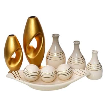 Imagem de Vaso Decorativo De CerâMica – Vaso Artesanal, Adequado Para Colocar No Centro Da Mesa De Jantar, Aparador, Alcova Ou Prateleira.(DOURADO LISTRA 9PÇS)
