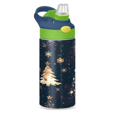 Imagem de YETTASBIN Garrafa de água de árvore de Natal para crianças, 340 g, à prova de vazamento, parede dupla, isolada, copo de viagem com tampa de canudo para meninas, meninos e crianças