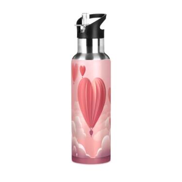 Imagem de Wassud Garrafa de água balão em forma de coração (4) garrafa de água esportiva de aço inoxidável com canudo garrafas de água isoladas copo portátil de viagem 946 ml