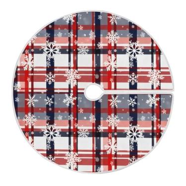 Imagem de Wassud Saia para árvore de Natal com laços seguros, 90 cm, vintage, flocos de neve xadrez, tapete de árvore de Natal festivo para festas de ano novo, decoração de casa