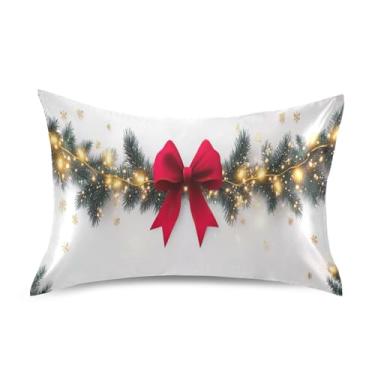 Imagem de Wassud Fronha de cetim para cabelo e pele, guirlanda de Natal, laço vermelho, fronhas de seda lisa, tamanho padrão, capas de travesseiro respiráveis com fecho de envelope