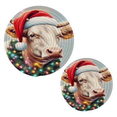 Imagem de Wassud Conjunto de trivet de vaca de Natal para pratos quentes, suportes redondos de algodão, almofadas quentes, porta-copos elegantes, decoração de cozinha e acessórios, 2 peças