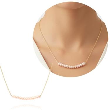 Imagem de ABSHEL Colar de barra de pedra do mês de nascimento natural de 3 a 4 mm com contas vermeil em ouro 18 K | Delicados colares vermeil dourados para mulheres, joias diárias para presentes (pérola rosa)