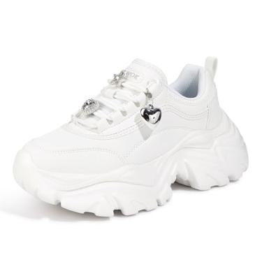 Imagem de K KIP WOK Tênis feminino grosso, moderno, plataforma, de couro branco, casual, para pai, confortável, plataforma, tênis esportivo, Fivela branca, 35