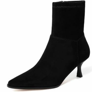 Imagem de RIBONGZ Botas de tornozelo femininas salto agulha gatinho sexy cowgirl botas de vaqueira com zíper lateral bico fino salto baixo elegante outono cano médio curto moda inverno couro ou camurça trabalho