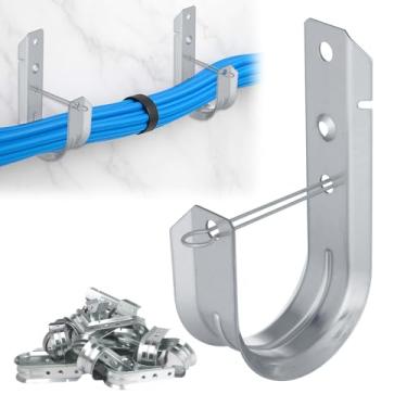 Imagem de AOKLIT 100 ganchos J de aço galvanizado de 5 cm, suporte de cabo de parede resistente, gancho J com clipe de retenção para gerenciamento de cabos