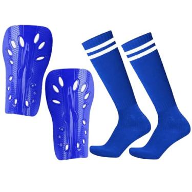 Imagem de Caneleiras e meias de futebol para adultos, leves e respiráveis, para jogadores de futebol juvenil, equipamento de proteção de panturrilha para adultos, equipamento de jogos de (azul, grande)