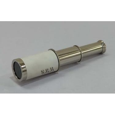 Imagem de Telescópio portátil de latão sólido de 15 cm - Vidro espião pirata náutico rústico vintage para decoração de casa (aderência de couro prata e branco)