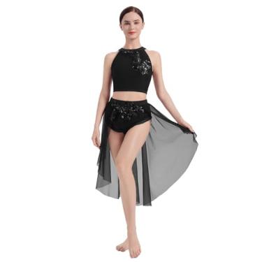 Imagem de AFAVOM Fantasia de dança lírica para mulheres, vestido lírico de lantejoulas, frente única, top cropped sem mangas + saia de tule de malha rodada assimétrica 2 peças trajes de dança contemporânea