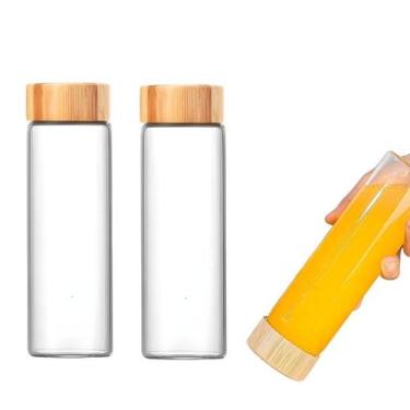 Imagem de Kit 2 Garrafa Squeeze De Vidro Água Chá Suco 600ml Tampa Bambu - CLICK