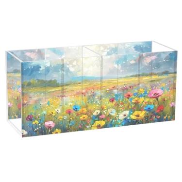 Imagem de TSENQUE Porta-lápis de mesa de acrílico colorido personalizado com flores silvestres para artesanato organizador de canetas e copos de escritório para mesa
