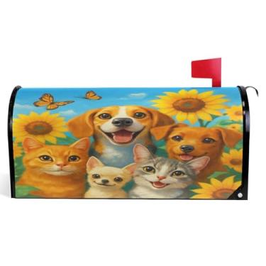 Imagem de Bonito gato cão animal floral caixa de correio decorativa capas magnéticas outono caixa de correio envoltório vinil à prova de intempéries feriado caixa de correio decoração tamanho padrão 52,6 x 45,8