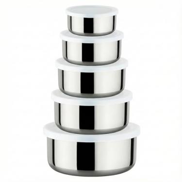 Imagem de Conjunto de 5 Potes em Aço Inox com Tampa, Tigelas Empilháveis Redondas