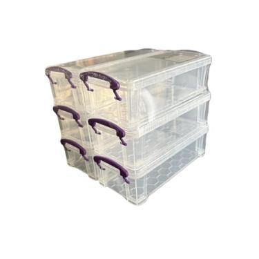 Imagem de Recipientes de armazenamento empilháveis transparentes com alças coloridas, pacote com 6 caixas de organização de plástico para material de escritório, materiais de arte, armazenamento escolar (roxo)