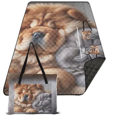 Imagem de TSENQUE Chow Chow Cachorro Gato Dormindo Cobertor de Piquenique Rosa Cobertor de Praia Dobrável Impermeável À Prova de Areia Florais Tapetes para Camping 203 cm x 152 cm