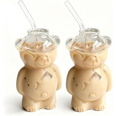 Imagem de Copo de palha de urso, copo de vidro de urso com canudo 340 g, canecas fofas, café, cervejas de vinho, coquetéis, copo de presente. (2 peças)