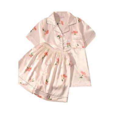 Imagem de Conjunto De Pijama Feminino Rosa Com Estampa Fofa, Manga Curta, Botões