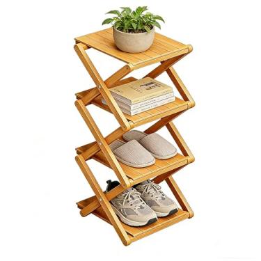 Imagem de XZXWZX Sapateira, organizador de sapatos dobrável de bambu para entrada, armário, quarto, corredor, natural, funcional, sapateira multifuncional (cor de madeira), 4 camadas