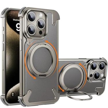 Imagem de Capa de couro genuíno sem moldura para iPhone 16 Pro Max/16 Pro, com suporte magnético giratório de 360°, leve, impressão digital, proteção contra quedas de nível militar
