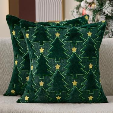 Imagem de Allorry Capas de almofada de Natal 50 x 50 conjunto de 2 capas de almofada de árvore de Natal pentagrama verde decorações pelúcia pele sintética capa de almofada macia para inverno, Natal, férias